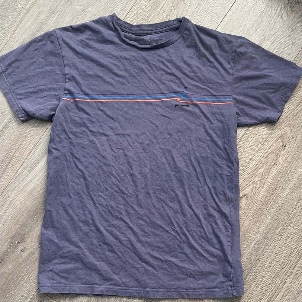 Patagonia Short-Sleeve Tee in Navy with Blue and Orange Chest Stripe